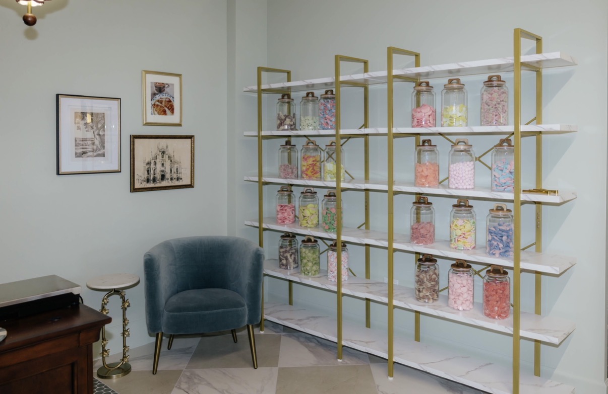 Candy bar and seating area at The Lobby Suites
